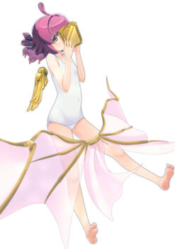  1girl ahoge barefoot book breasts commentary_request covering_face jou_(circlemay) living_hair love_live! love_live!_nijigasaki_high_school_idol_club medusa_(mythology) one-piece_swimsuit purple_hair school_swimsuit short_hair simple_background single_wing small_breasts snake_hair solo swimsuit tennoji_rina white_background white_one-piece_swimsuit wings yellow_eyes 