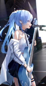  1girl absurdres bare_shoulders bass_guitar black_skirt blue_eyes blue_hair breasts coat earphones fang from_side guitar high_ponytail highres holding holding_guitar holding_instrument instrument looking_to_the_side microphone mixed-language_commentary muchi2p music open_clothes open_coat open_mouth playing_instrument pleated_skirt ponytail skirt solo standing thigh_strap virtual_youtuber vspo! white_coat yano_kuromu 