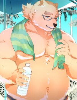  1boy animal_ears bara beach bear_boy bear_ears big_belly bone_color919 bottle chest_tuft cigarette cowboy_shot fat fat_man furry furry_male glasses green-framed_eyewear highres incoming_drink large_pectorals leib_(housamo) looking_at_viewer male_focus mature_male navel navel_hair nipples pectorals protected_link seductive_smile smile smoking solo standing thick_eyebrows tokyo_houkago_summoners topless_male towel towel_around_neck water_bottle 