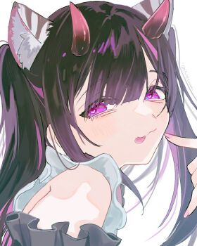  1boy :3 :p animal_ear_fluff animal_ears bare_shoulders black_hair blunt_bangs cho_kaguya-hime! commentary_request crossdressing crossdressing_(mtf) finger_to_mouth gradient_horns heart heart-shaped_pupils highres horns illust_tyousen komazawa_noi long_hair looking_at_viewer male_focus multicolored_hair multicolored_horns pink_eyes pink_horns pink_streaks purple_eyes simple_background smile solo streaked_hair symbol-shaped_pupils tiger_ears tongue tongue_out trap twintails upper_body white_background 