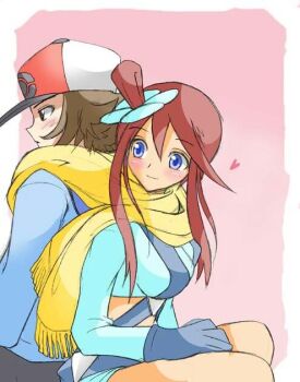 1boy 1girl artist_request bad_id bad_pixiv_id baseball_cap black_pants blue_eyes blue_gloves blue_jacket blue_shorts blush breasts brown_eyes brown_hair closed_mouth cropped_jacket gloves hair_between_eyes hair_ornament hat heart hetero hilbert_(pokemon) jacket large_breasts long_hair long_sleeves looking_at_another looking_back matching_hair/eyes multicolored_hat nintendo pants pokemon pokemon_bw red_hair scarf short_hair short_hair_with_long_locks shorts sidelocks sitting skyla_(pokemon) smile yellow_scarf