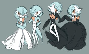  2boys 2girls alternate_color alternate_design alternate_hairstyle alternate_universe arm_behind_back arm_warmers black_arm_warmers black_dress blue_hair blue_skin bob_cut coattails colored_skin dancing dress facing_another fakemon gardevoir gen_3_pokemon grey_background hand_on_own_chest holding_hands lampette looking_to_the_side mega_gardevoir mega_pokemon mega_pokemon_(other) multicolored_skin multiple_boys multiple_girls nintendo pokemon pokemon_(creature) pokemon_focus popped_collar red_hair sexual_dimorphism shiny_pokemon sketch tailcoat turning_head tuxedo two-tone_skin unfinished white_dress white_skin 