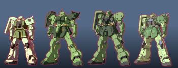  absurdres cable char's_counterattack commentary_request comparison evolution geara_doga geara_zulu gundam gundam_f91_formula_report_0122 gundam_unicorn highres joy_(cyber_x_heaven) lineup mecha mecha_focus mobile_suit mobile_suit_gundam neo_zeon no_humans one-eyed rf_zaku robot roundel science_fiction shield shoulder_spikes spikes zaku_ii zeon 