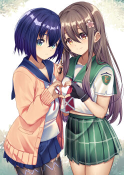 2girls :o absurdres blue_hair blue_sailor_collar blue_skirt brown_cardigan brown_eyes brown_hair brown_thighhighs cardigan character_request closed_mouth commentary_request commission garter_straps green_eyes green_sailor_collar hands_up heart heart_hands heart_hands_duo highres holding_hands interlocked_fingers long_hair long_sleeves mad_(hazukiken) multiple_girls neck_ribbon open_cardigan open_clothes parted_lips pixiv_commission pleated_skirt puffy_long_sleeves puffy_sleeves red_ribbon ribbon rick_g_earth sailor_collar school_uniform serafuku shirt short_hair short_sleeves skindentation skirt smile takematsu_iori thighhighs very_long_hair white_shirt 