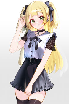 1girl absurdres alternate_costume belt black_belt black_bow black_collar black_nails black_skirt blonde_hair bow closed_mouth collar commentary_request cowboy_shot ear_piercing earrings eyelashes green_eyes hair_bow hand_up highres jewelry jirai_kei lillie_(pokemon) long_hair nail_polish nintendo piercing pokemon pokemon_sm shirokumaru_(yafm7388) shirt short_sleeves simple_background skirt smile solo thighhighs two_side_up white_background zettai_ryouiki rating:General score:20 user:danbooru