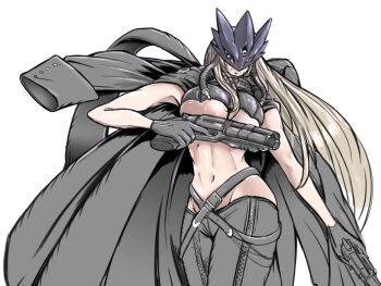  1girl abs beelstarmon belt breasts combination_weapon digimon digimon_(creature) extra_eyes female_focus gun handgun knife large_breasts mask monster_girl multiple-barrel_gun revealing_clothes revolver solo takurai_(taqrider) third_eye underboob weapon 