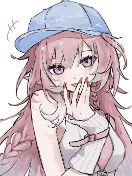  1girl bare_shoulders baseball_cap blue_hat breasts crop_top cyrene_(anta)_(honkai:_star_rail) cyrene_(demiurge)_(honkai:_star_rail) cyrene_(honkai:_star_rail) dark_elf elf hat highres honkai:_star_rail honkai_(series) long_hair looking_at_viewer medium_breasts official_alternate_costume pink_hair pink_nails pointy_ears purple_eyes simple_background smile solo umumum_94 upper_body very_long_hair white_arm_warmers white_background 