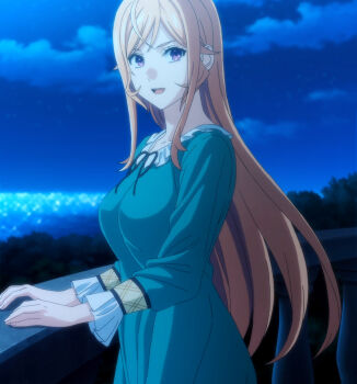  1girl against_railing anime_screenshot arm_support female_focus highres long_hair long_sleeves looking_at_viewer nakiri_erina night nightgown open_mouth orange_hair purple_eyes railing shokugeki_no_souma sidelocks smile solo stitched teeth third-party_edit upper_teeth_only very_long_hair 