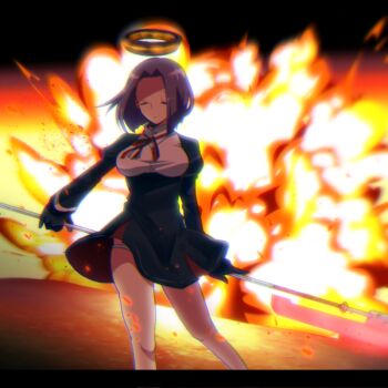  1girl black_dress black_gloves breasts closed_eyes closed_mouth commentary_request dress explosion glaive_(polearm) gloves halo holding holding_polearm holding_weapon kantai_collection letterboxed mechanical_halo medium_breasts neck_ribbon panties pantyshot polearm purple_hair r-ko_(rayla) ribbon short_hair solo tatsuta_(kancolle) underwear weapon white_panties 