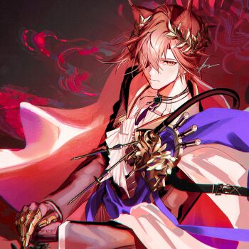  1boy animal_ears arknights ascot black_jacket blue_shawl cane cape cat_ears claw_ring frown hair_over_one_eye holding holding_cane infection_monitor_(arknights) jacket kiri_(pyonta) laurel_crown looking_at_viewer male_focus material_growth oripathy_lesion_(arknights) phantom_(arknights) red_background shawl signature simple_background solo tragodia_(arknights) upper_body white_ascot white_cape yellow_eyes 