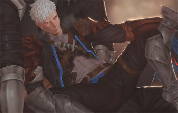  4boys closed_mouth commentary covered_abs english_commentary granblue_fantasy granblue_fantasy:_relink id_(granblue_fantasy:_relink) imminent_gangbang lips male_focus multiple_boys orange_eyes paid_reward_available penguin_frontier short_hair solo_focus white_hair yaoi 