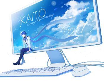  1boy absurdres black_boots blue_hair blue_scarf blue_trim boots character_name cloud coat computer_keyboard computer_mouse dated floating_scarf happy_anniversary hashtag-only_commentary headset highres kaito_(vocaloid) long_scarf long_sleeves maima_(rrs_0222) male_focus scarf short_hair simple_background sitting sky solo vocaloid white_background white_coat 