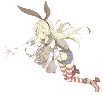  1girl abara_heiki armpit_crease armpit_peek bare_shoulders black_hairband black_neckerchief blonde_hair blue_sailor_collar blue_skirt brown_eyes chestnut_mouth commentary_request crop_top dot_nose elbow_gloves floating_hair from_side full_body gloves hairband highleg highleg_panties hip_bones holding kantai_collection long_hair looking_ahead microskirt midriff neckerchief outstretched_arm outstretched_hand panties panty_straps pleated_skirt rensouhou-chan rigging rudder_footwear sailor_collar school_uniform serafuku shimakaze_(kancolle) skirt sleeveless solo striped_clothes striped_thighhighs thighhighs underwear v-shaped_eyebrows white_gloves zettai_ryouiki 