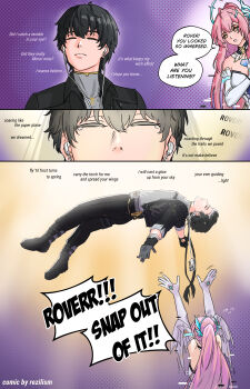  1boy 1girl absurdres adoptive_parent_and_adoptive_child aemeath_(wuthering_waves) ahoge arms_up artist_name bare_shoulders black_gloves black_hair black_jacket black_pants breasts closed_eyes commentary earphones elbow_gloves english_commentary english_text father_and_daughter floating flying_sweatdrops glitch gloves hair_ornament highres jacket listening_to_music long_hair looking_at_another male_rover_(wuthering_waves) medium_breasts pants pink_hair ponytail rezilism rover_(wuthering_waves) tacet_mark_(wuthering_waves) white_gloves wuthering_waves 