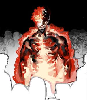  1boy agni_(fire_punch) black_hair burning crowd eyes_in_shadow fire fire_punch flaming_eye frown greyscale highres khentaiu male_focus monochrome muscular muscular_male red_theme short_hair solo_focus spot_color surrounded 