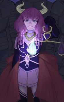  1girl absurdres armald0 aura_(sousou_no_frieren) bare_shoulders black_thighhighs blue_bustier blue_eyes blue_gloves braid breasts bustier clothing_cutout commentary demon_girl demon_horns elbow_gloves gloves highres holding_scale horns large_breasts layered_skirt long_hair looking_at_viewer multiple_braids navel navel_cutout night pink_hair pleated_skirt skirt smile solo sousou_no_frieren thighhighs weighing_scale white_skirt 