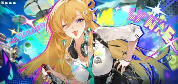  1girl black_nails blonde_hair blue_eyes breasts cleavage colorful_background commentary earrings fingernails hair_between_eyes hair_ornament hand_on_own_hip headphones headphones_around_neck highres holding holding_spray_can id_card jewelry lalacz large_breasts leaning_forward long_hair looking_at_viewer lynae_(wuthering_waves) nail_polish necklace one_eye_closed shirt skull_hair_ornament solo spray_can star_(symbol) star_earrings tongue tongue_out white_shirt wuthering_waves 