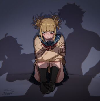  1boy 2girls artist_name black_socks blonde_hair blue_sailor_collar boku_no_hero_academia commentary dashi_(dashiart) doggystyle double_bun english_commentary hair_bun highres implied_sex looking_at_viewer multiple_girls neckerchief netorare red_neckerchief reverse_netorare sailor_collar school_uniform serafuku sex sex_from_behind shadow short_hair sitting socks toga_himiko yellow_eyes 