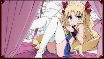  1girl absurdres ass astarotte_ygvar bed bed_sheet bedroom blonde_hair blue_dress blue_sky blush bow bowtie closed_mouth collared_dress demon_girl dot_nose dress female_focus flat_chest green_eyes hair_bow hair_ribbon highres indoors kanzaki_hiro kneehighs legs loli long_hair looking_at_viewer lotte_no_omocha! lying miniskirt neckerchief official_art panties pantyshot pillow pink_tail red_bow red_ribbon ribbon sexually_suggestive skirt sky sleeveless sleeveless_dress socks solo solo_focus thighhighs thighs twintails underwear upskirt white_panties white_thighhighs yellow_bow yellow_bowtie yellow_neckerchief zettai_ryouiki 