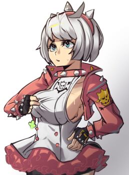  1girl absurdres adjusting_eyewear ahoge bob_cut bracelet breasts clover collar collarbone dress elphelt_valentine four-leaf_clover guilty_gear guilty_gear_strive hairband highres jacket jewelry large_breasts moxydraws pink_collar pink_hairband pink_jacket short_hair shorts_under_dress sideboob sleeveless sleeveless_dress solo spiked_bracelet spiked_collar spiked_hairband spiked_jacket spikes sweat upper_body white_hair 