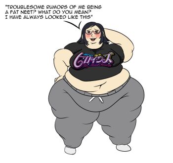  1girl amano_maya big_belly black_hair brown_eyes fat fat_woman freckles looking_at_viewer midriff neet non-web_source pants persona persona_2 pink-framed_eyewear sweat sweatpants sweaty_clothes thick_thighs thighs weight_gain wide_hips 