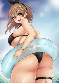 1girl absurdres ass atelier_(series) atelier_ryza bare_shoulders bikini blush breasts brown_eyes brown_hair from_behind hair_ornament hair_ribbon hairclip highres huge_ass huge_breasts innertube looking_at_viewer open_mouth reisalin_stout ribbon shiny_skin short_hair sideboob smile solo swim_ring swimsuit the_only_shoe thick_thighs thigh_strap thighs water wet wet_hair  rating:Sensitive score:54 user:danbooru