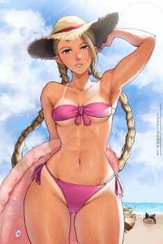  1girl 2girls abs beach bikini black_hair blonde_hair blue_eyes braid breasts cammy_white chibi han_juri hat long_hair looking_at_viewer luxpineapple medium_breasts multiple_girls ocean pink_hair sand scar scar_on_face straw_hat street_fighter street_fighter_6 sunlight swimsuit tan tanline teeth very_long_hair water 