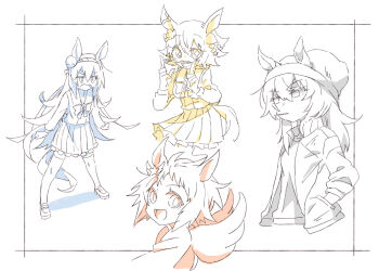 +_+ 4girls :d animal_ears beanie beer_hsk biko_pegasus_(umamusume) bow commentary_request daruma_doll ears_through_headwear flower frilled_skirt frills gym_shirt hair_between_eyes hair_flower hair_ornament hand_in_pocket hat horse_ears horse_girl horse_tail jacket loafers long_sleeves matikanefukukitaru_(umamusume) multiple_girls multiple_monochrome nakayama_festa_(umamusume) open_clothes open_jacket open_mouth pleated_skirt puffy_long_sleeves puffy_sleeves school_uniform shadow shide shirt shoes skirt smile tail tamamo_cross_(umamusume) thighhighs tracen_school_uniform track_jacket umamusume wavy_mouth white_background 