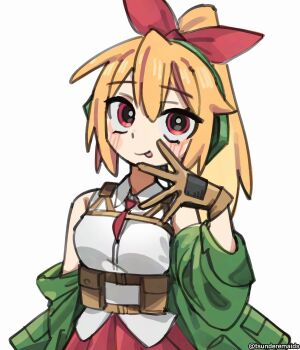  1girl :p absurdres blonde_hair bow gloves green_jacket hair_bow highres jacket necktie ponytail red_bow red_eyes red_necktie red_skirt shirt simple_background skirt tongue tongue_out tsunderemaids turretgirls white_background white_shirt 