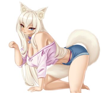  1girl :3 absurdres ahoge animal_ear_fluff animal_ears bare_shoulders barefoot bell blonde_hair blue_eyes blush breasts cat_ears cat_girl cat_tail cleavage coconut_(nekopara) collar fluffy heterochromia highres large_breasts long_hair neck_bell nekopara panties paw_pose purple_collar purple_panties purple_ribbon purple_shirt ribbon shirt short_shorts shorts sketch tail takie_arts underwear very_long_hair white_background yellow_eyes  rating:Sensitive score:11 user:Takie_Arts