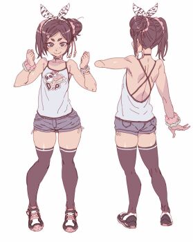  1girl arm_at_side bad_id bad_twitter_id bead_bracelet beads black_thighhighs blue_shorts bow bow_hairband bracelet camisole choker closed_mouth flat_chest hair_bow hair_bun hairband hands_up heart heart_choker jewelry jojifuku loli looking_at_viewer multiple_views one_side_up original scrunchie shoes short_shorts shorts side_bun simple_background single_hair_bun single_side_bun smile striped_bow tasaka_shinnosuke thick_eyebrows thighhighs white_background wrist_scrunchie  rating:Sensitive score:55 user:danbooru