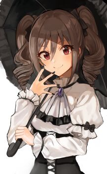  1girl absurdres ascot black_nails black_ribbon black_umbrella blush bow brooch commentary_request drill_hair fingernails frilled_sleeves frills grey_hair hair_ribbon highres holding holding_umbrella idolmaster idolmaster_cinderella_girls jewelry kanzaki_ranko lolita_fashion long_hair long_sleeves looking_at_viewer nail_polish parasol red_eyes ribbon sera_nin simple_background smile solo twin_drills umbrella underbust white_background 