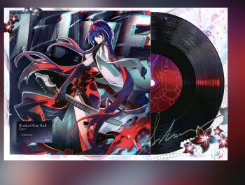  1girl absurdres acheron_(honkai:_star_rail) acheron_(star_rail_live_2025)_(honkai:_star_rail) album_cover chen_li chinese_commentary cover dress elbow_gloves electric_guitar english_text flower gem gloves guitar hair_between_eyes highres honkai:_star_rail honkai_(series) instrument jacket jewelry long_hair necklace official_alternate_costume pearl_(gemstone) purple_hair red_dress red_flower very_long_hair white_jacket white_streaks 