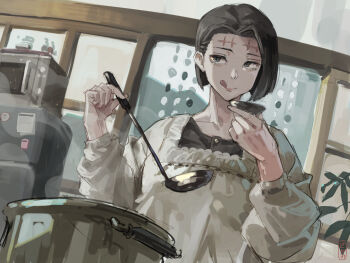  1girl apron black_hair blunt_bangs cooking housewife itadori_kaori jujutsu_kaisen kakapyramid kenjaku kitchen ladle licking_lips microwave parted_bangs plate refrigerator scar scar_on_face scar_on_forehead shouji side_part sliding_doors solo stitched_forehead stitches tasting_plate tongue tongue_out 