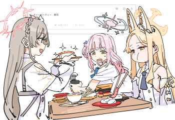  3girls :d animal_ear_fluff animal_ears armpit_crease blonde_hair blue_archive blue_bow blue_bowtie blue_halo blush bow bowtie braid breasts brown_eyes brown_hair buttons capelet chopsticks cross_halo cup detached_sleeves dot_nose double-breasted dress ear_wreath eating extra_ears fish_(food) flower food forehead fox_ears fox_girl from_side gold_trim gradient_halo grey_necktie hair_between_eyes hair_bun hair_flower hair_ornament halo hand_up hands_up haruyuki_(gffewuoutgblubh) highres holding holding_chopsticks holding_cup holding_plate light_frown long_hair long_sidelocks long_sleeves looking_at_another mika_(blue_archive) multicolored_halo multiple_girls nagisa_(blue_archive) necktie open_mouth pink_hair pink_halo plate rice sailor_collar sashimi seia_(blue_archive) short_necktie sidelocks simple_background single_hair_bun single_side_bun sleeveless sleeveless_dress sleeves_past_fingers sleeves_past_wrists small_breasts smile sushi sweatdrop table tea_party_(blue_archive) teacup translated upper_body white_background white_capelet white_dress white_flower white_sailor_collar wooden_table worried yellow_eyes yellow_halo 