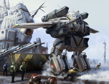  aircraft aircraft_carrier arm_cannon armor battletech blue_helmet blue_jacket commentary crossover earmuffs eldoniousrex english_commentary goggles green_helmet green_jacket helmet jacket macross mecha mechanical_wings military_vehicle non-humanoid_robot outdoors painterly red_helmet redesign robot science_fiction ship ship_deck skull_and_crossbones skull_squadron sky smoke u.n._spacy urbanmech vernier_thrusters warship watercraft weapon white_armor wings yellow_jacket 