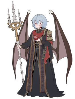  1girl absurdres bat_wings black_robe blood blood_on_face blood_on_hands blue_hair colored_eyelashes commentary_request cosplay double-parted_bangs elden_ring full_body heart highres holding holding_polearm holding_weapon long_sleeves mohg_lord_of_blood mohg_lord_of_blood_(cosplay) ornate_clothes polearm red_eyes remilia_scarlet robe short_hair smile standing stole touhou trait_connection trident weapon white_background wings youpofen 