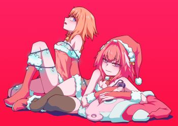 1boy 1girl astolfo_(fate) blonde_hair blue_eyes bound breasts bridal_gauntlets christmas_lights cleavage dress fate/grand_order fate_(series) fur_trim hat hej_510 jeanne_d'arc_(fate) looking_at_viewer lying medium_breasts mistletoe on_side pink_eyes pink_hair santa_costume santa_dress santa_hat simple_background skindentation stuffed_animal stuffed_toy thighhighs trap