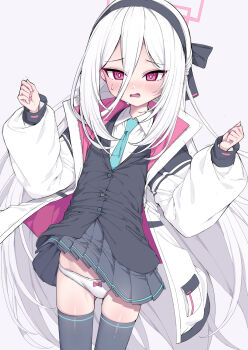  1girl aqua_necktie black_skirt black_thighhighs blue_archive blush grey_background hair_between_eyes halo highres jacket kei_(blue_archive) kei_(new_body)_(blue_archive) loli long_hair long_sleeves looking_at_viewer metaljelly necktie open_mouth panties pink_eyes pink_halo pleated_skirt simple_background skirt solo thighhighs underwear very_long_hair white_hair white_jacket white_panties 