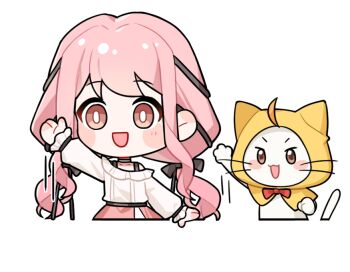  1girl ahoge animal artist_request belt black_belt black_bow black_ribbon blush_stickers bow bowtie bra_strap bright_pupils brown_eyes cat chibi choker clenched_teeth cloak clothed_animal collarbone ear_covers frilled_shirt frilled_sleeves frills hair_bow hair_ribbon happy hood hood_up hooded_cloak infinity_nikki layered_skirt long_hair long_sidelocks long_sleeves looking_ahead low_twintails momo_(nikki) motion_lines nikki_(nikki) nikki_(series) off-shoulder_shirt off_shoulder official_art open_mouth perfect_start_(infinity_nikki) pink_hair pink_skirt puffy_long_sleeves puffy_sleeves red_bow red_bowtie ribbon shirt sidelocks skirt smile tail_raised tareme teeth traditional_bowtie transparent_background tress_ribbon twintails v-shaped_eyebrows very_long_hair waving wavy_hair whiskers white_cat white_choker white_pupils white_shirt white_skirt yellow_cloak 