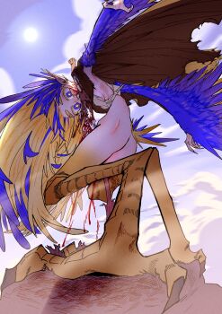  +_+ 1girl absurdres ass bird_tail blood blue_eyes bone bottomless breasts cape cloud dead_animal eating feather_hair from_below geonbanmaen harpy head_down highres long_hair looking_at_viewer looking_down monster_girl original outdoors pointy_ears ribs shirt sideboob small_breasts solo sun tail talons thick_eyebrows tied_shirt torn_cape torn_clothes very_long_hair winged_arms wings 