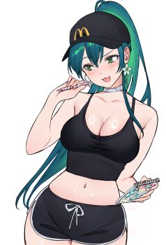  1girl bare_shoulders baseball_cap black_hat black_shirt black_shorts blush breasts choker cleavage collarbone commentary cowboy_shot crop_top dolphin_shorts earrings english_commentary fingernails flower_earrings green_eyes green_hair grey_choker hat high_ponytail highres holding holding_notepad holding_pen jewelry large_breasts long_hair looking_to_the_side mcdonald's midriff navel notepad open_mouth original pen ponytail qiandaiyiyu rin_(qiandaiyiyu) shirt shorts simple_background solo white_background 
