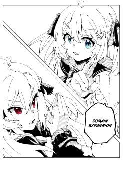  2girls absurdres ahoge blue_eyes cardigan commentary commission crossed_fingers domain_expansion english_commentary evil_neuro-sama from_side haho hair_between_eyes hair_ribbon highres jujutsu_kaisen long_hair long_sleeves multiple_girls neuro-sama open_mouth red_eyes ribbon sailor_collar siblings sisters spot_color torn_hair_ribbon twins two_side_up vedal_ai virtual_youtuber 