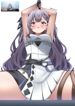  1girl absurdres blue_eyes blush breasts commentary cone_hair_bun english_commentary grey_hair hair_bun highres hololive hololive_indonesia knife long_hair looking_at_viewer open_mouth rokusketch scene_reference solo vestia_zeta virtual_youtuber 