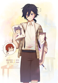  ... 2boys :d :| ^_^ arm_at_side artist_collaboration belt black_belt black_hair black_nails brown_jacket brown_shorts canvas_(object) carrying carrying_under_arm closed_eyes closed_mouth collared_shirt commentary drawing_(object) drawing_board easel english_commentary feet_out_of_frame hair_between_eyes hanasaki_miyabi hand_up happy_aura highres holding holding_paintbrush holding_sketchbook holostars jacket kanade_izuru long_hair_between_eyes looking_at_object low_ponytail male_focus mickochibee mono_(bluesky) multiple_boys nail_polish neck_ribbon official_alternate_costume open_clothes open_jacket open_mouth paint_splatter paint_splatter_on_face paintbrush paper paperclip plaid_clothes plaid_jacket ponytail purple_eyes red_hair ribbon sailor_collar shirt shirt_tucked_in short_hair short_ponytail shorts simple_background sketchbook smile solo speech_bubble spoken_character spoken_ellipsis standing sweatdrop table undone_neck_ribbon unhinged_izuru_(kanade_izuru) virtual_youtuber white_background white_sailor_collar white_shirt 