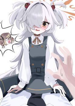  1boy 1girl absurdres arm_support black_dress black_eyes black_necktie blonde_hair blue_archive blush bright_pupils brown_hair brown_ribbon buttons collared_shirt commentary double-breasted dress dress_shirt embarrassed eyeball_hair_ornament grey_hair hair_intakes hair_over_one_eye halo hetero highres kanoe_(blue_archive) long_bangs long_hair long_sleeves looking_at_viewer multicolored_eyes multicolored_hair neck_ribbon necktie no_ra339 nose_blush one_eye_closed open_mouth orange_hair orange_halo pinafore_dress pov pov_hands puffy_long_sleeves puffy_sleeves rena_(blue_archive) ribbon school_uniform sensei_(blue_archive) shirt simple_background sleeveless sleeveless_dress smile solo_focus speech_bubble spoken_character straight-on streaked_hair sweatdrop twintails two-tone_eyes two_side_up very_long_hair white_background white_pupils white_shirt 