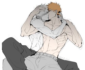  2boys adam's_apple asure_(asure_twi) black_nails bleach collarbone french_kiss grey_pants highres hollow_ichigo kiss kurosaki_ichigo male_focus multiple_boys pale_skin pants short_hair shredded_muscles simple_background toned toned_male topless_male white_background yaoi 