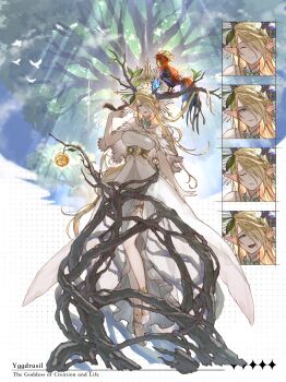  absurdres animal animal_on_hand apple aqua_eyes blonde_hair branch character_name character_request commentary_request commission curse_of_yggdrasil dress food fruit full_body golden_apple hair_over_one_eye highres leaf light_rays long_hair monster_girl multiple_expressions plant_girl plant_on_head pointy_ears psd_available shoes skeb_commission squirrel tree ve_0ekaki very_long_hair white_dress white_shoes 