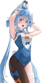  1girl :d absurdres animal_ears arahashi_tabi armpits arms_up asymmetrical_legwear blue_bow blue_eyes blue_hair blue_leotard blush boots bow breasts brown_pantyhose cleavage commentary_request covered_navel cowboy_shot fake_animal_ears fishnet_thighhighs fishnets gloves hair_bow hair_ornament hairclip heart heart_hair_ornament highres jaeyun5407 korean_commentary large_breasts leotard long_hair looking_at_viewer mismatched_legwear neck_ribbon open_mouth pantyhose playboy_bunny rabbit_ears rabbit_pose rabbit_tail ribbon simple_background single_leg_pantyhose single_thighhigh smile solo stellive strapless strapless_leotard tail teeth thighhighs twintails upper_teeth_only very_long_hair virtual_youtuber white_background white_gloves white_thighhighs x_hair_ornament yellow_ribbon 
