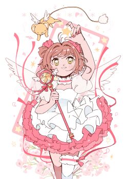1girl absurdres antenna_hair arm_up brown_hair cardcaptor_sakura child choker cowboy_shot dress floral_background flower frilled_choker frills green_eyes highres holding holding_wand hoshi_no_tsue kero_(cardcaptor_sakura) kinomoto_sakura kinomoto_sakura_(astral_sakura) magical_girl pink_choker pink_flower pink_nails puffy_short_sleeves puffy_sleeves short_hair short_sleeves single_thighhigh smile solo standing thighhighs wand white_dress white_wings wings yukikokoro